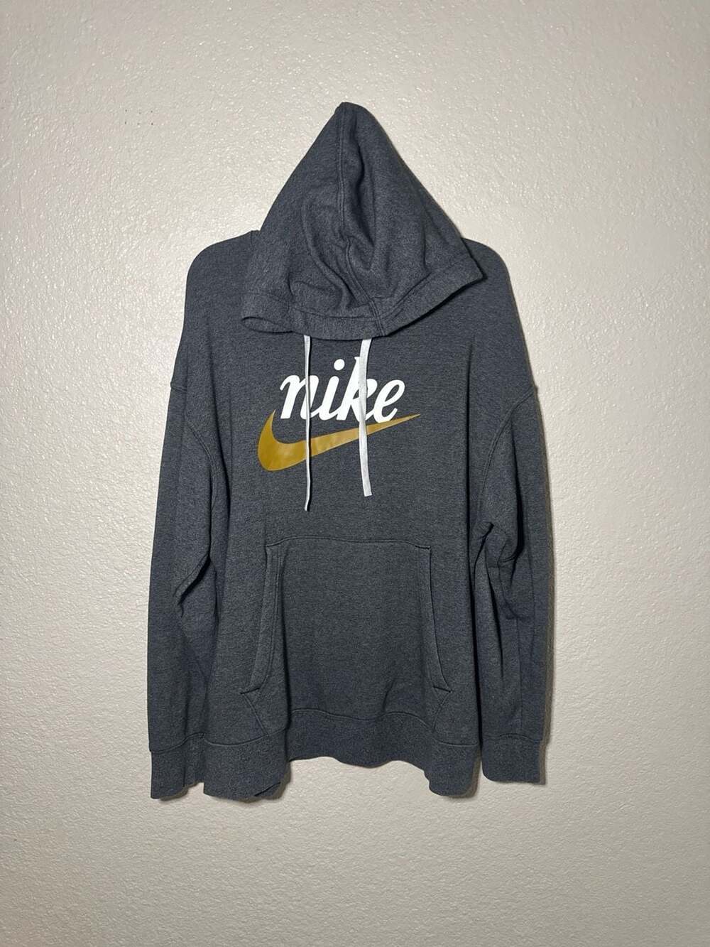 Nike NSW Sportswear Heritage Pullover Hoodie - Charcoal Gray and Gold - size XL